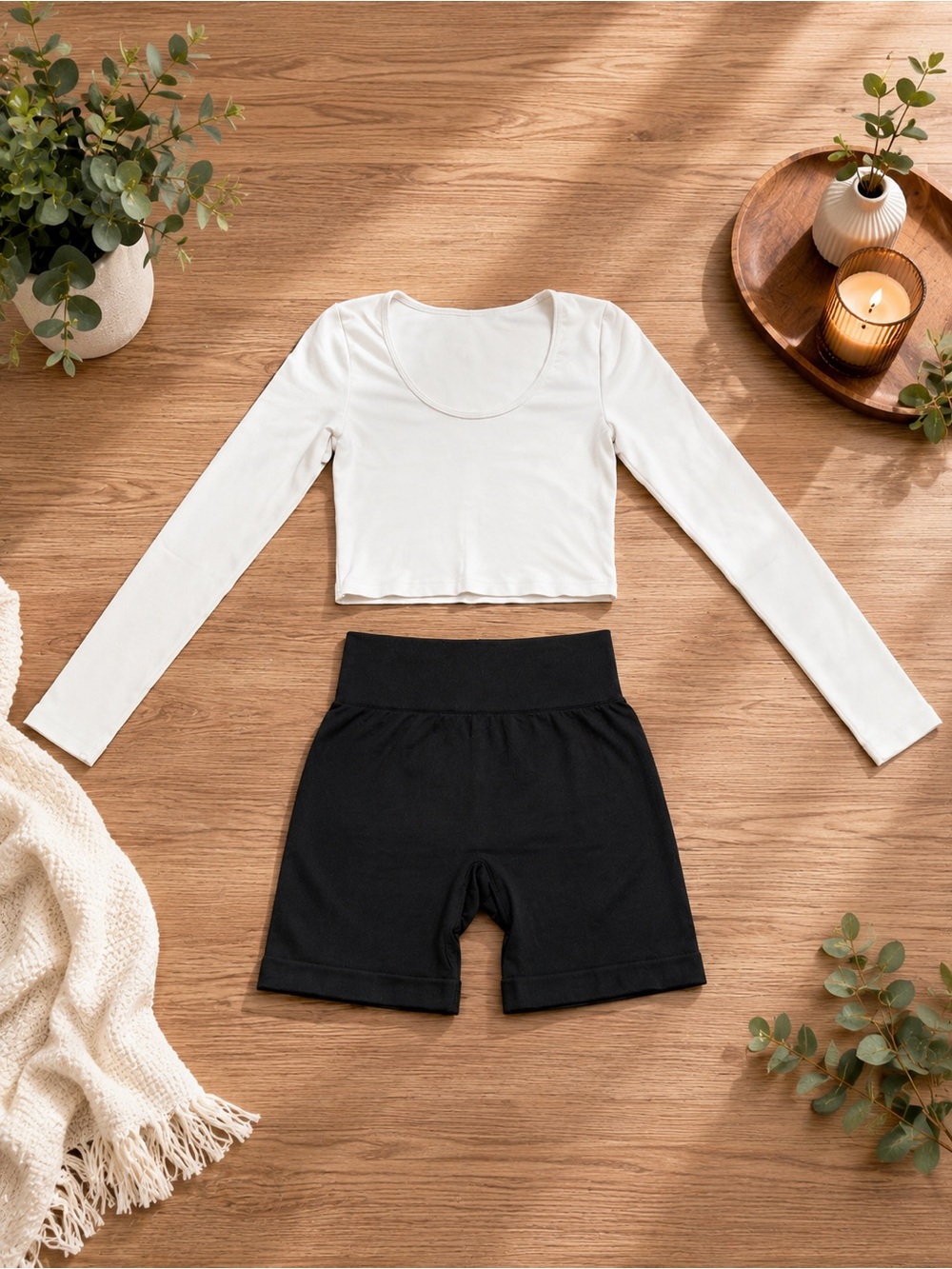 OQQ Large 2 Piece Bundle, Light Grey Crop Top & Black Shorts